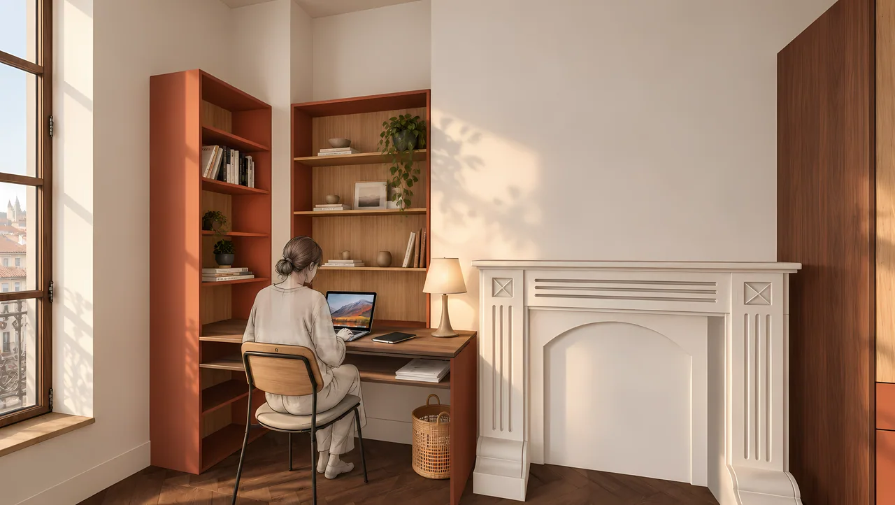 Bureau intégré, bibliothèque en bois et cheminée blanche dans un intérieur chaleureux