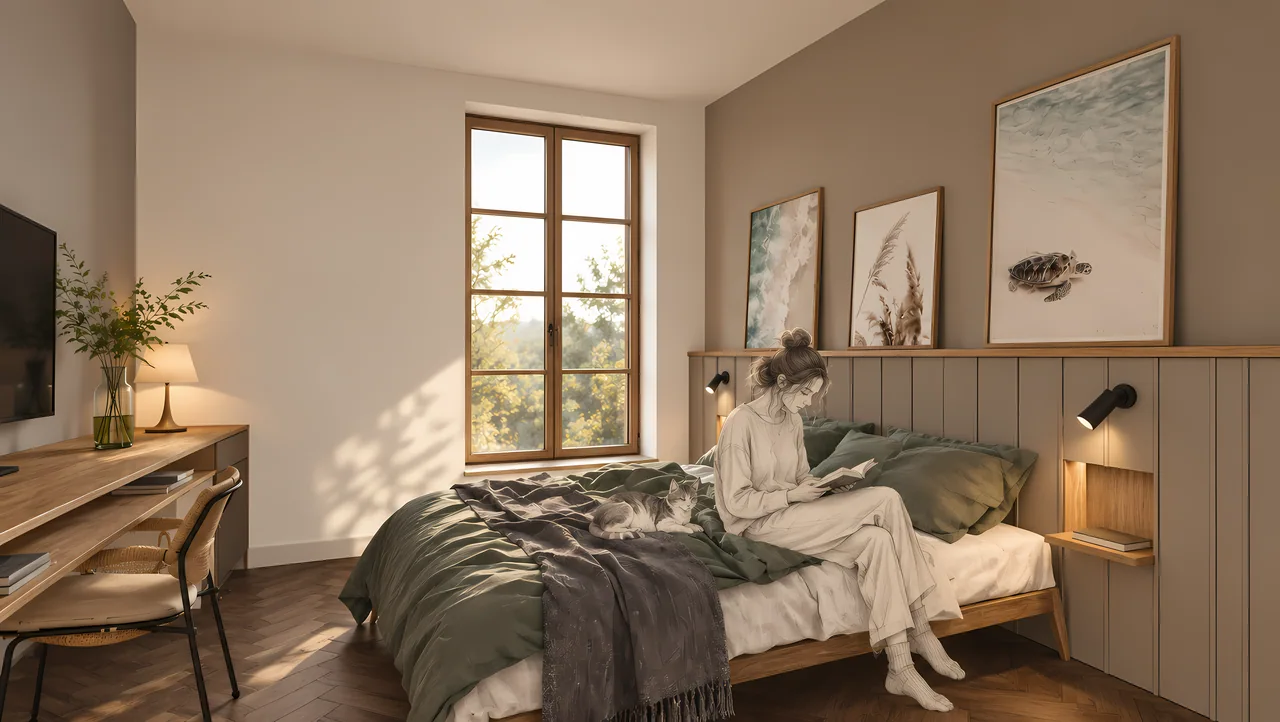 Chambre taupe à la lumière douce avec personne lisant et chat dessiné
