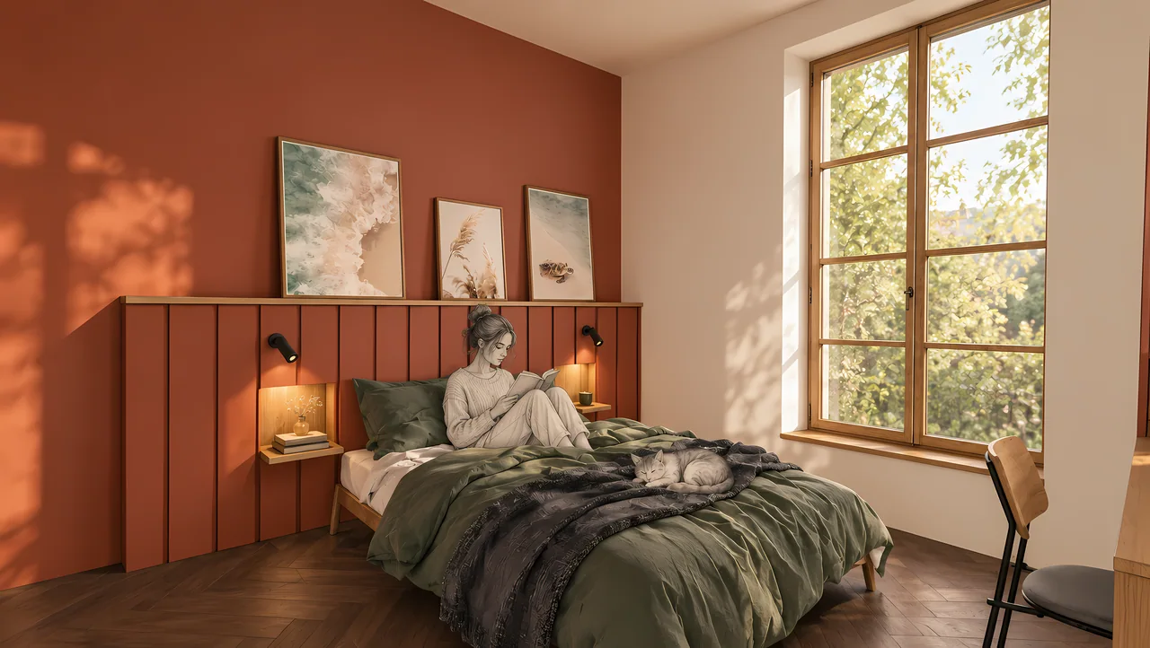 Chambre terracotta, linge vert et chat esquissé