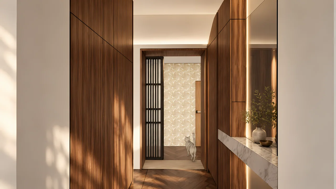 Couloir habillé de noyer avec parquet en chevrons et mobilier sur mesure