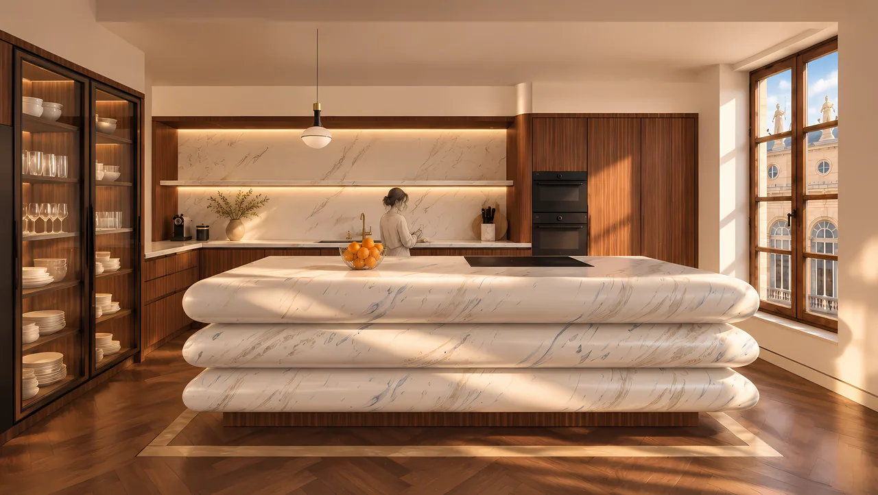 Cuisine avec îlot en Corian blanc et mobilier en noyer