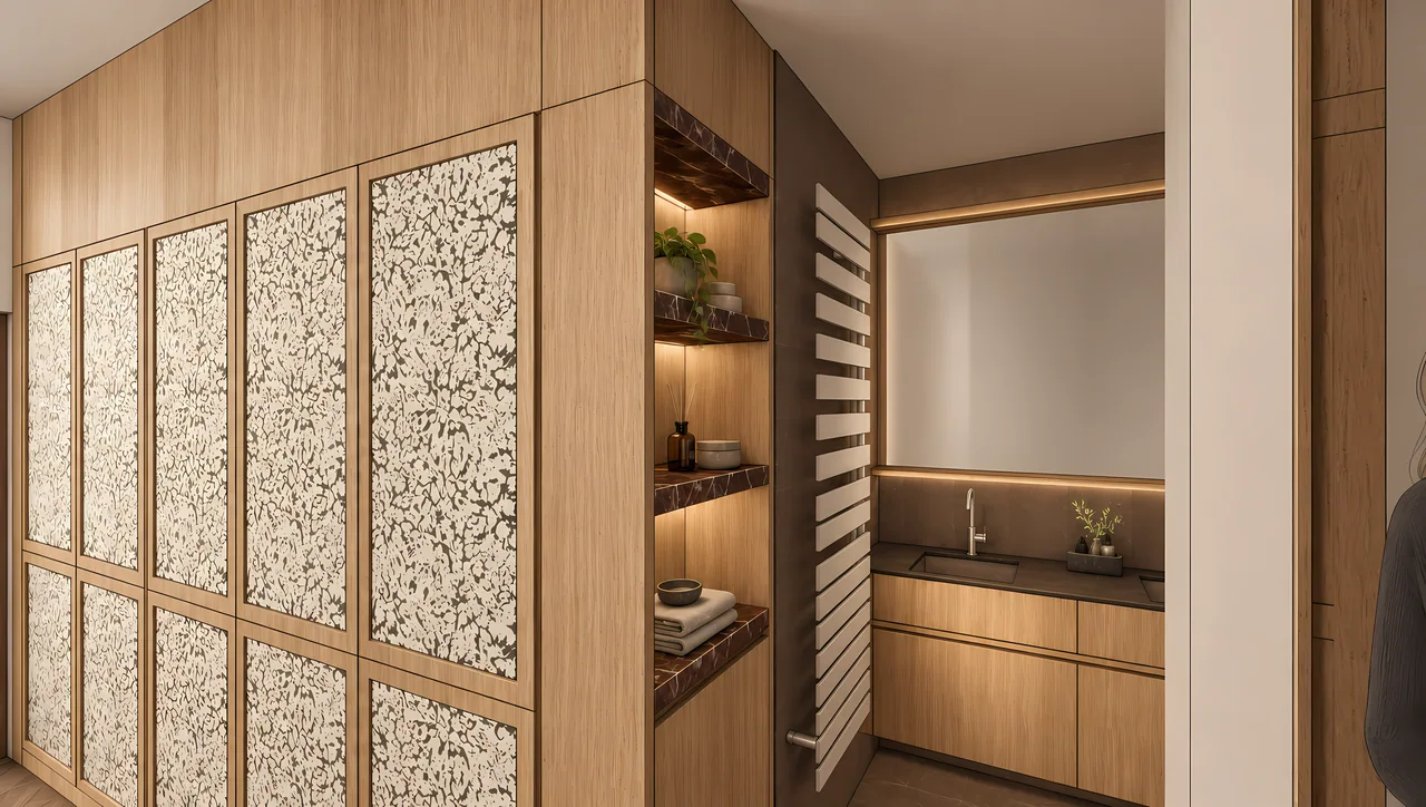 Dressing en chêne, portes décoratives et vue vers une salle de bains