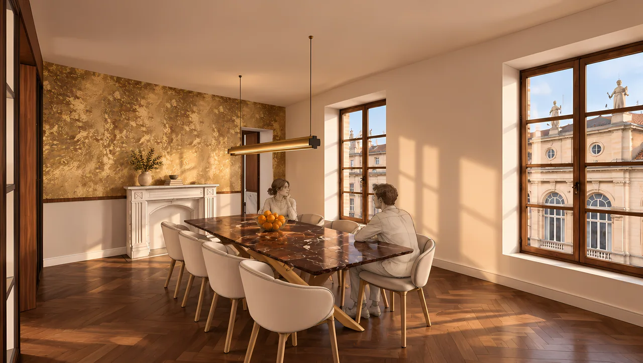 Salle à manger avec table aux finitions claires, chaises en tissu clair et éléments en noyer
