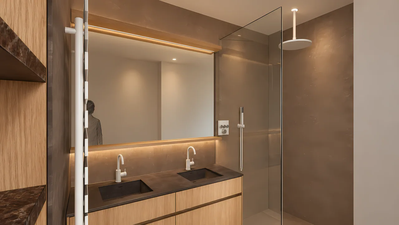 Salle de bains minérale avec meuble double vasque, douche vitrée et tons naturels