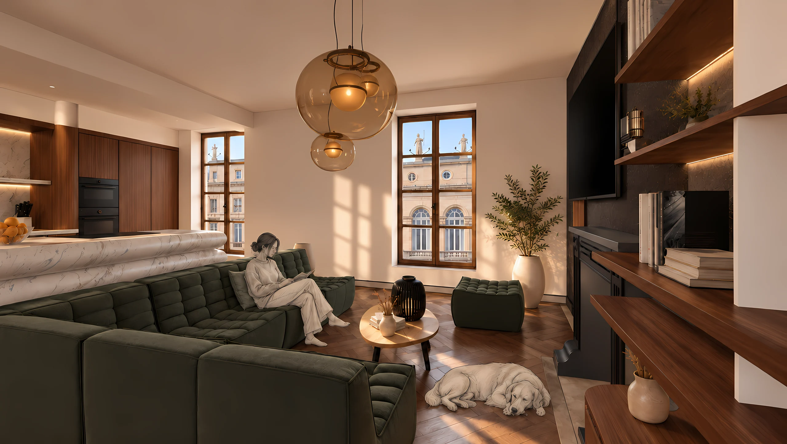 Séjour de style bayonnais avec canapé vert, personnes esquissées et lumière dorée