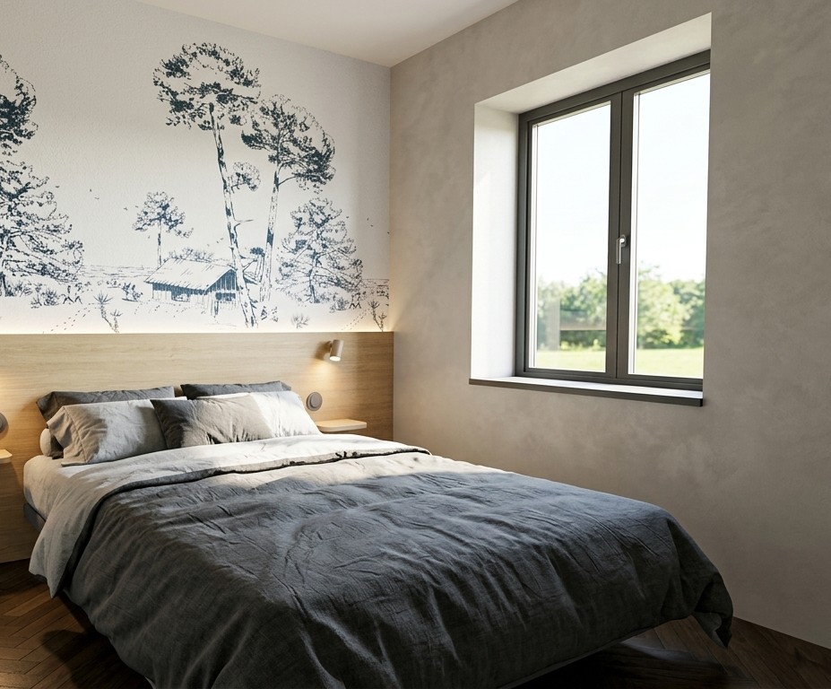 Projection de chambre : murs clairs à l’aspect minéral et lumière naturelle