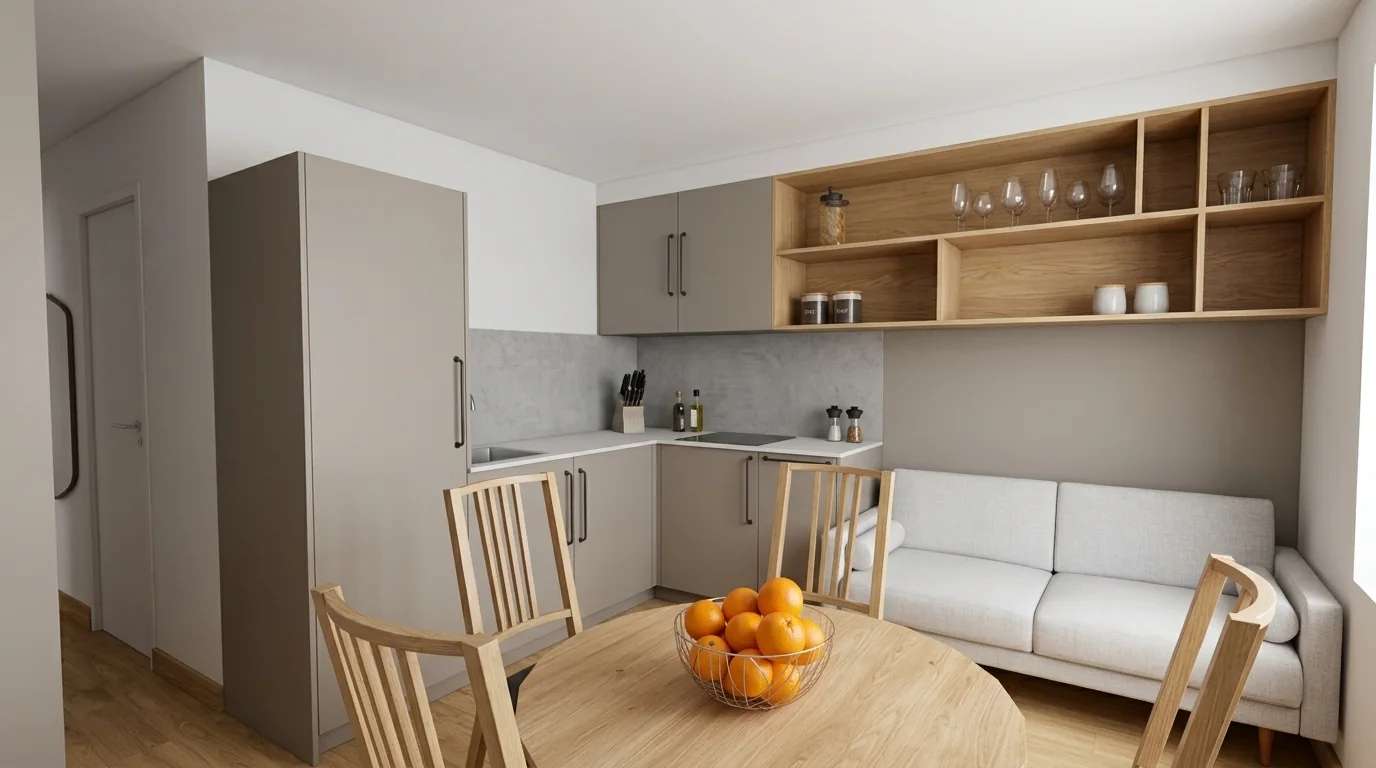 Projet locatif : projection d’un espace de vie avec cuisine, étagères en bois, table ronde et banquette