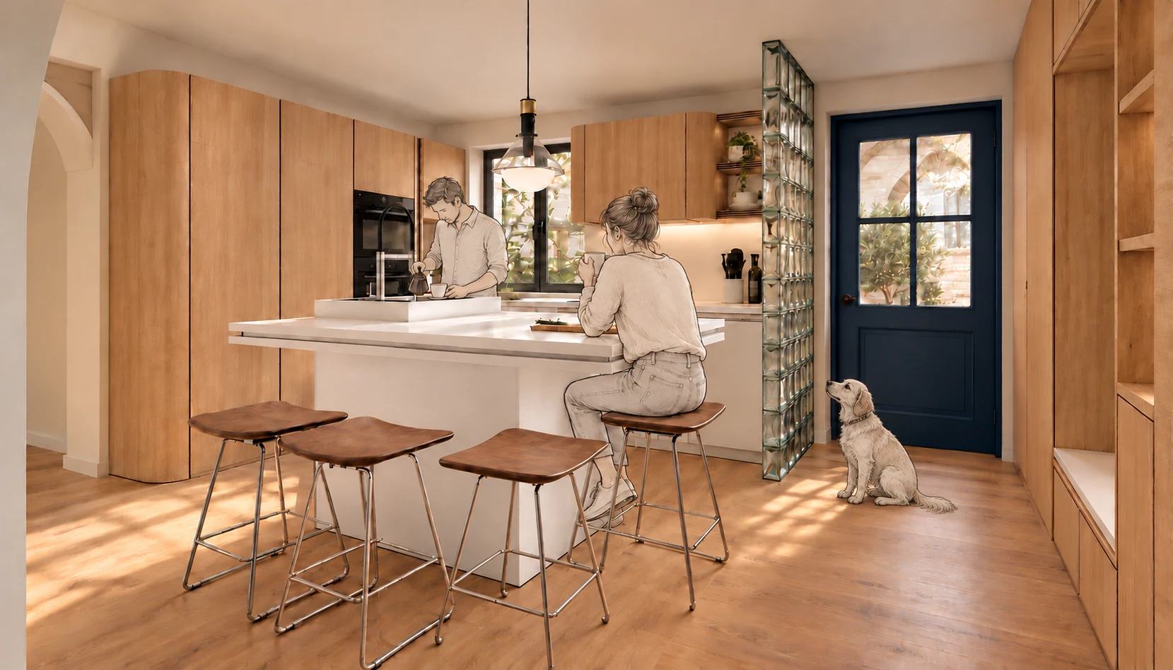 Cuisine en chêne avec îlot blanc, personnages esquissés et chien