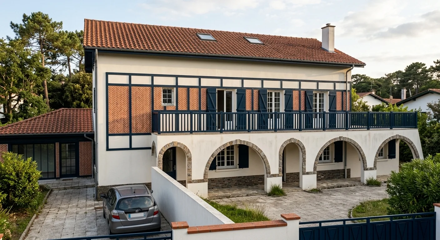 Projection d’une maison de caractère à colombages, toiture en tuiles et galerie à arcades