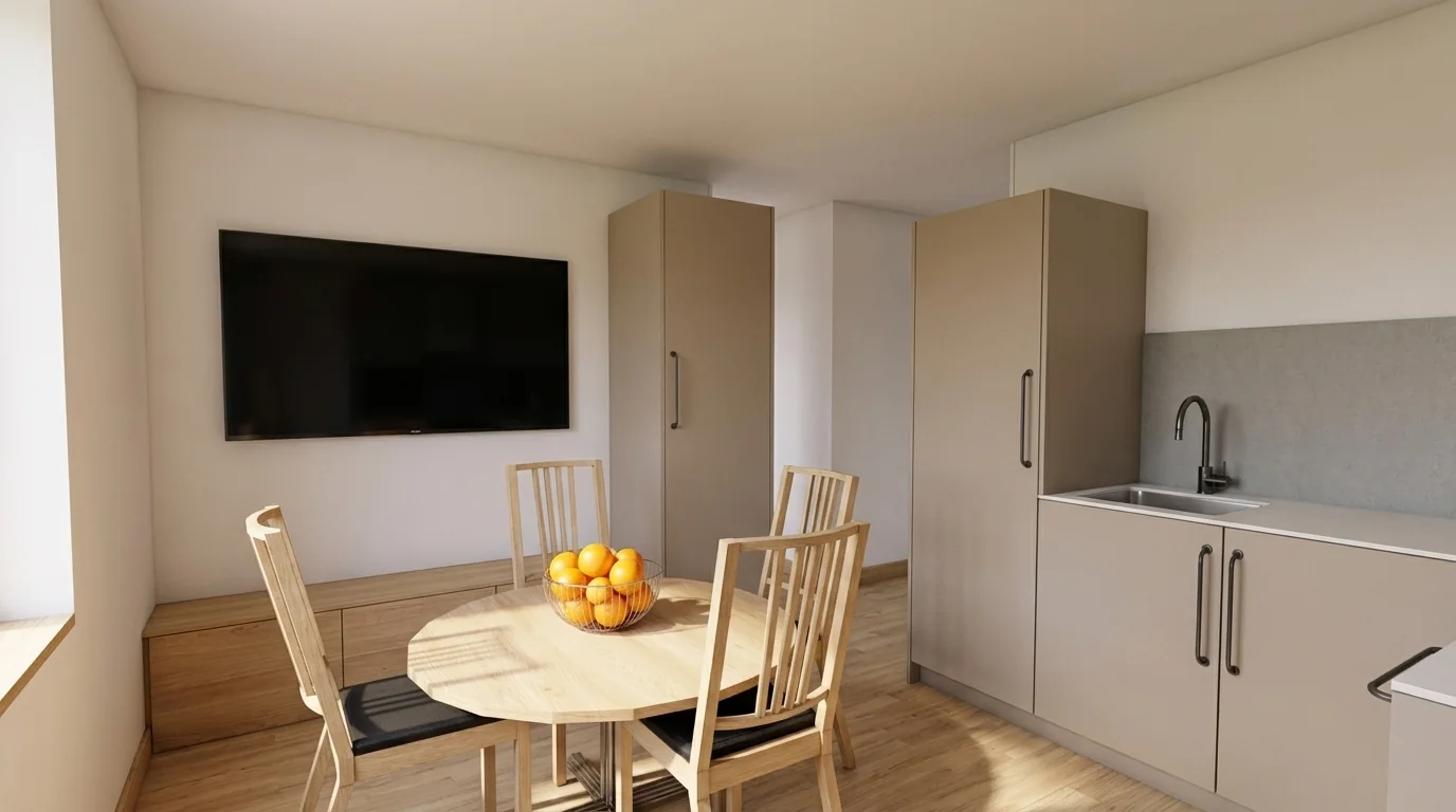 Projet locatif : projection d’une cuisine aux façades beige avec table ronde en bois et lumière naturelle