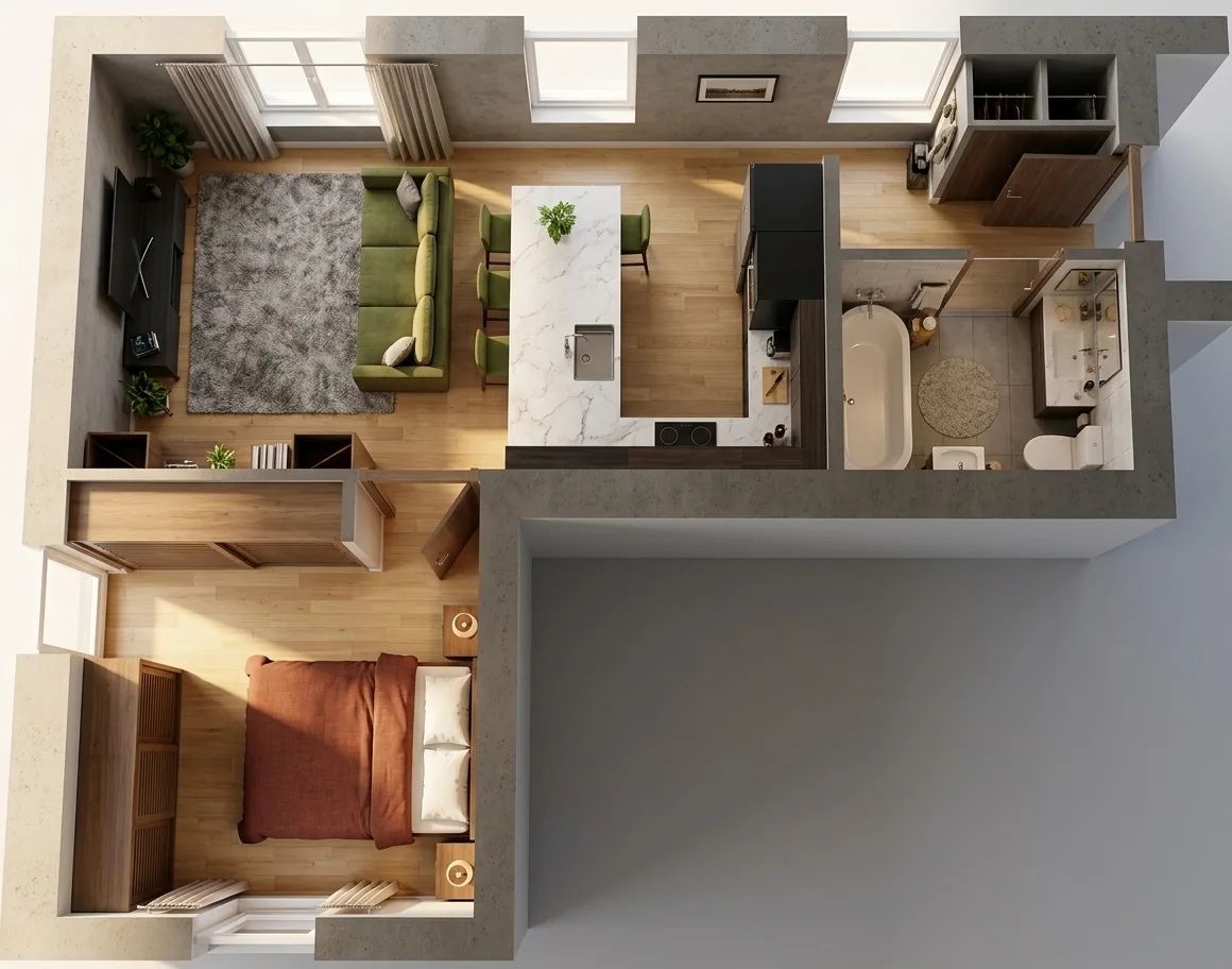 Vue 3D de dessus d’un appartement avec séjour, cuisine, chambre et salle de bain